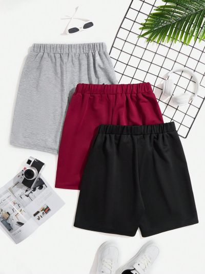 SHEIN Teen Boy's Casual Knit Solid Color Drawstring Pocket Shorts, 3pcs/Set Multicolor