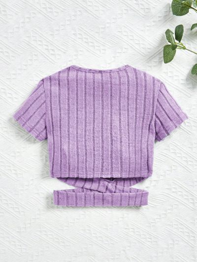 SHEIN Kids EVRYDAY Tween Girls' Knit Ribbed Short Sleeve T-Shirt With Round Neck And Irregular Hemline