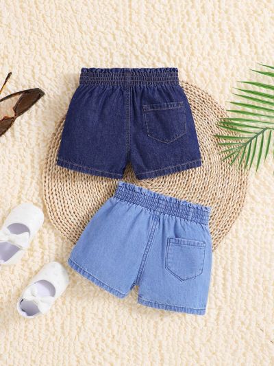 SHEIN Baby Girls' Spring Summer Casual Thin Denim Shorts, Dark & Light Wash, 2pcs/Set