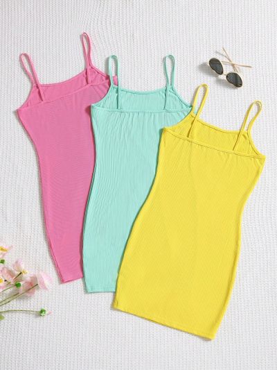 SHEIN Kids Y2Kool Tween Girl 3pcs Sporty & Sweety Solid Knit Cami Dress