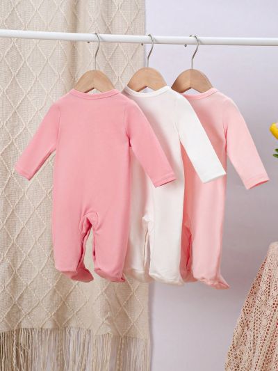 SHEIN Baby Girl's Knitted Set Including Cardigan, Long Sleeve Bodysuit And Footed Pants In Multiple Colors For Home Wear, Pink/White/Solid
