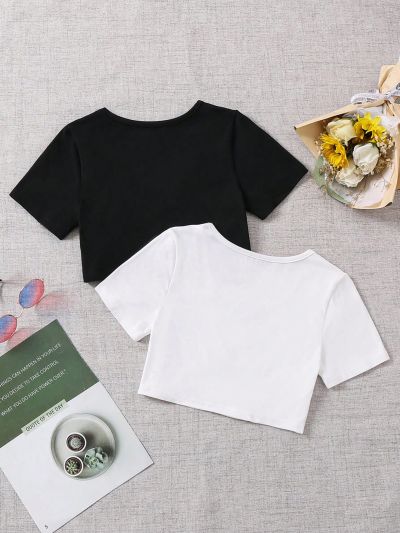 SHEIN Kids EVRYDAY 2pcs/Set Solid Color Short Sleeve T-Shirts For Tween Girls