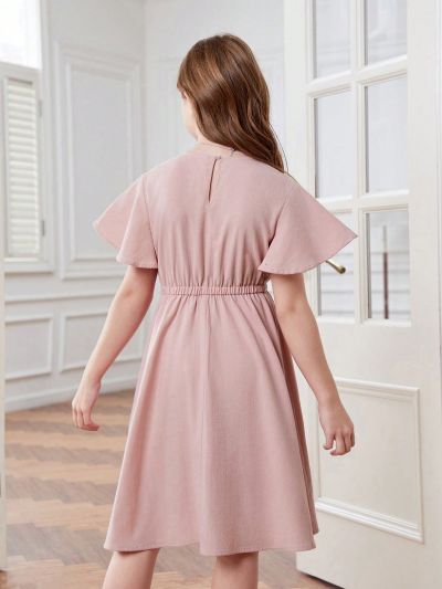 SHEIN Kids SUNSHNE Tween Girls' Knitted Solid Color Round Neck Ruffle Trim Fit & Flare Dress With Waistline For Summer