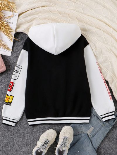 Teen Girl Letter Graphic Colorblock Zip Up Hooded Jacket