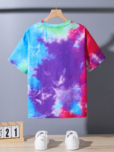 SHEIN Kids Cooltwn Tween Boys' Casual Tie-Dye Skater & Letter Print Round Neck Loose Fit Short Sleeve Knitted Tee