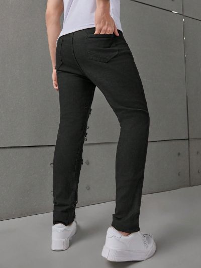 SHEIN Teen Boys' Distressed Jeans With Color Blocking And Spray-Paint Detailing And High Stretch Collar, Slim Fit Washed Casual Denim Pants