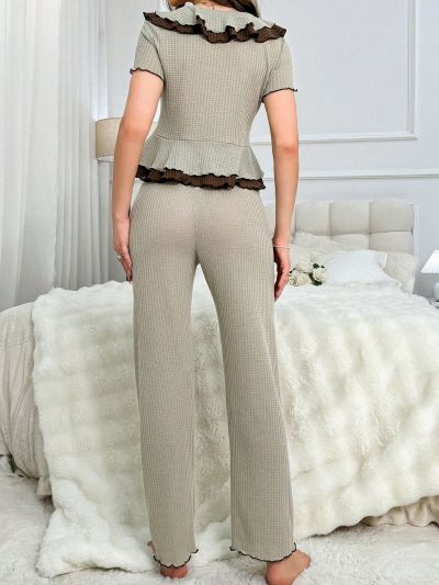 Women'S Contrast Color Lace Trim Home Clothes Set