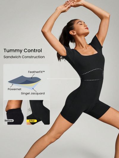 GLOWMODE 6" FeatherFit™ Tummy Control Square Neck U Back Romper Jumpsuit Light Support Low Impact Yoga Studio