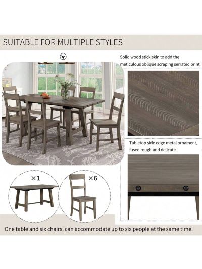 Merax Retro Industrial Style 7-Piece Dining Table Set Extendable Table with 18" Leaf and Six Wood Chairs (Gray)