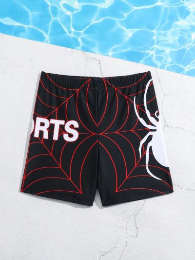 Tween Boys' Elastic Waist Spider & Letter Print Swim Trunks