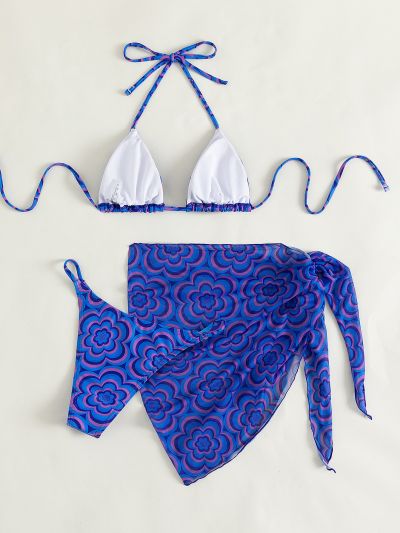 3pack Floral Triangle Thong Bikini Swimsuit & Beach Skirt