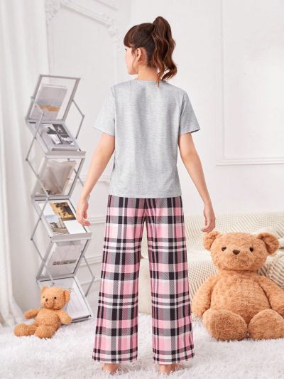 SHEIN Teen Girls' Knitted Heart Pattern T-shirt And Plaid Pants Home Outfit Set