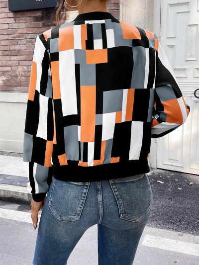 Contrast Front Zip Geometric Pattern Baseball Jacket