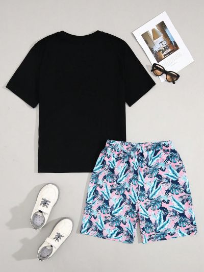 SHEIN Teen Boys' Casual Plant Leaves Printed Round Neck T-Shirt And Shorts Knit Two-Piece Set