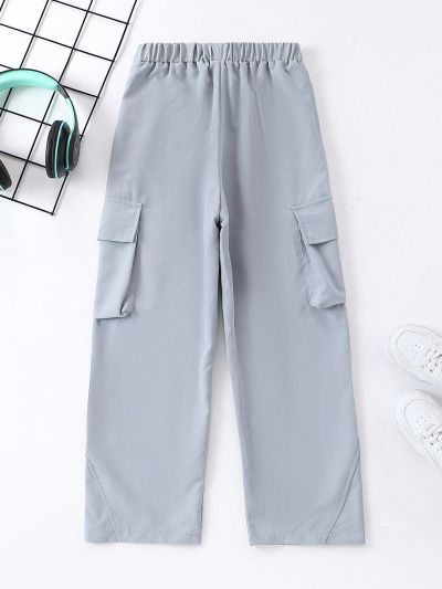 SHEIN Tween Boys Drawstring Waist Pants With Large Pockets And Diagonal Decorative Lines Design