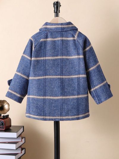 Young Boy Plaid Print Raglan Sleeve Flap Pocket Thermal Lined Overcoat