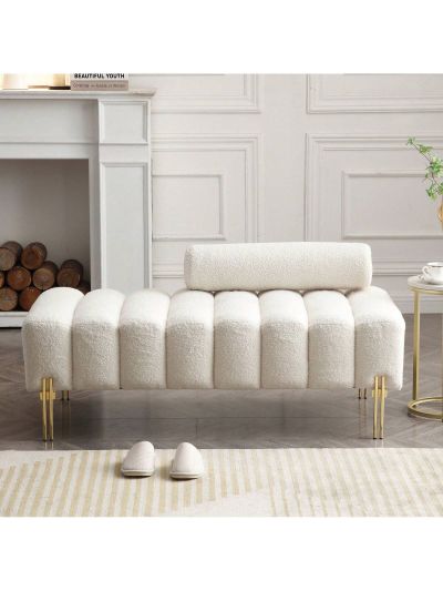 Channel Bench for Bedroom End of Bed, 53" Upholstered Sherpa Fabric Ottoman Bench for Bedroom, Window Bench Love Seat with Gold Metal Legs