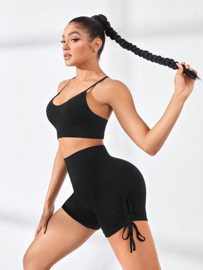 Solid Color Crop Cami Top And Drawstring Side Short Pants Sportswear Set