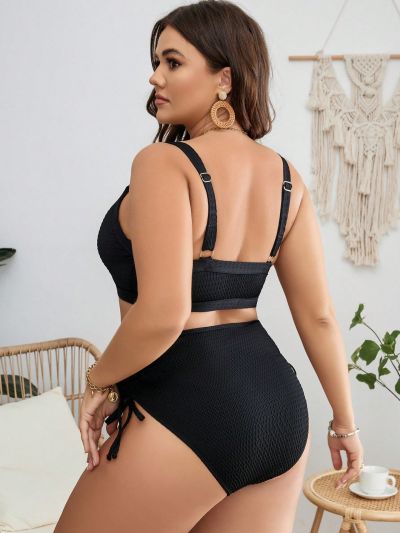 SHEIN Swim Curve Summer Beach Plus Drawstring Front High Waisted Bikini Swimsuit