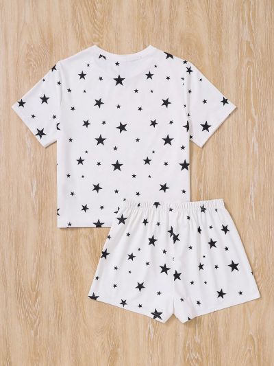 SHEIN Teen Girls' Knitted Star Printed T-Shirt And Shorts Pajama Set, Casual