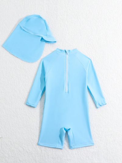 Baby Boy's Shark Printed Long Sleeve One-Piece Swimsuit With Hat