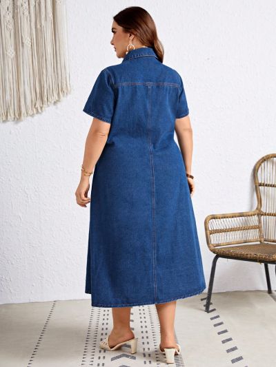 SHEIN Essnce Plus Size Women Sexy Loose Fit Denim Shirt Dress With Short Sleeves, New Year Outfit, Valentine's Day Outfit