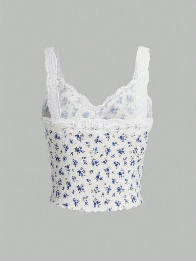 SHEIN Teens' Knitted Spliced Lace Trim Floral Pattern Casual Camisole Vest Top