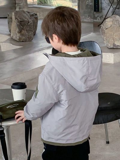 Boys' Casual Hooded Padded Coat With Letter Patch Design For Autumn/winter