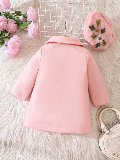 Baby Girls' Woolen Coat With Flower Embroidery And Front Button Closure + Hat