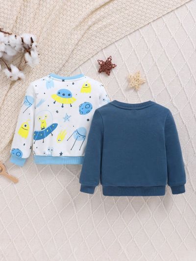SHEIN Baby Boys' Cartoon Printed Round Neck Sweatshirt 2pcs/Set