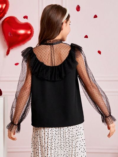 SHEIN Kids FANZEY Girls' Polka Dot Mesh Flocked Casual Shirt With Stand Collar