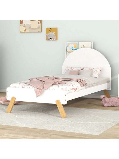 Wooden Cute Platform Bed With Curved Headboard,Twin Size Bed With Shelf Behind Headboard,White