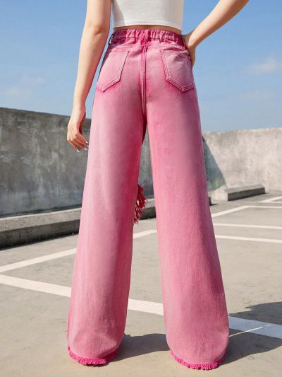 SHEIN Teen Girls' Distressed Water-Washed Skinny Jeans, Casual And Comfortable