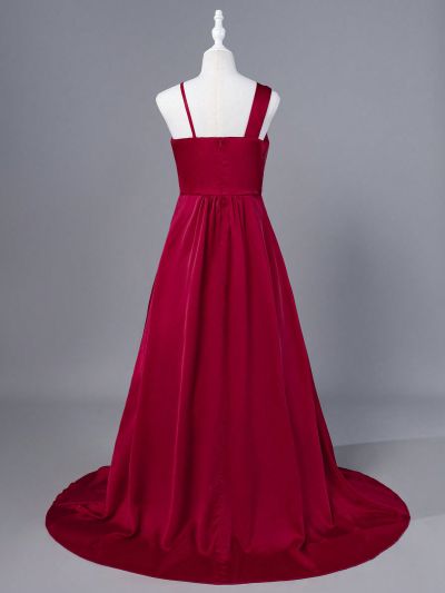 Tween Girls' Wine Red Oblique Shoulder Sequin Embroidery Elegant Party Dress