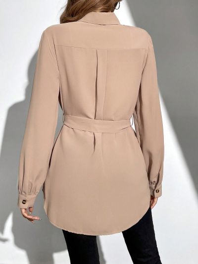 SHEIN Tall Long-Sleeved Shirt With Front Pockets