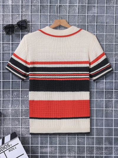 Teen Boy'S Striped Short Sleeve Polo Collar Sweater