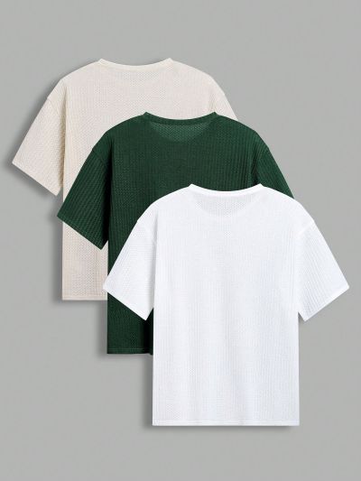 SHEIN Teen Boy's Casual Texture Fabric White & Green & Khaki Short Sleeve T-Shirt And Top 3pcs Outfit Set
