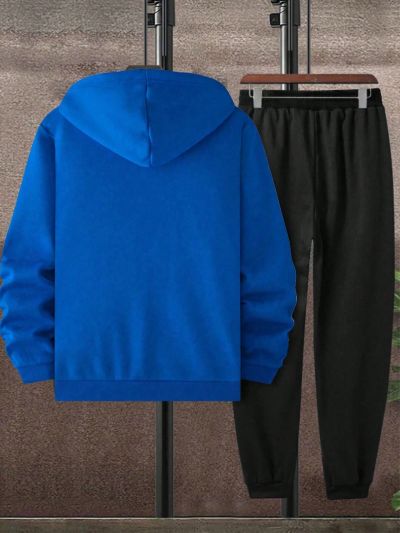 Extended Sizes Men'S Plus Size Drawstring Hoodie And Sweatpants Set With Digital Pattern
