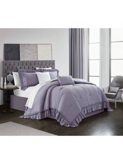 Kaci 7-Piece Solid Color Ruffled Comforter Set, Twin X-Long, Lavender