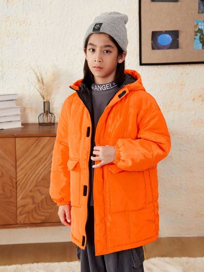 SHEIN Tween Boy Dual Pocket Letter Graphic Hooded Quilted Coat