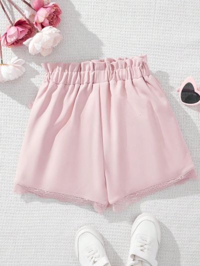 SHEIN Kids CHARMNG Tween Girls' Lace Trim Decorated Ruffle Waistband Shorts