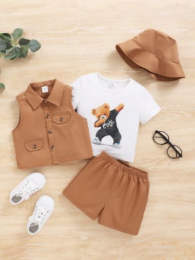 SHEIN Baby Boy Summer Outdoor Casual College Style Comfortable Loose Short Sleeve T-Shirt, Vest, Shorts And Hat 4pcs/Set
