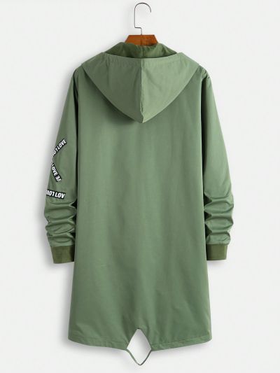 Men's Letter Printed Drawstring Zipper Front Hooded Windbreaker Jacket