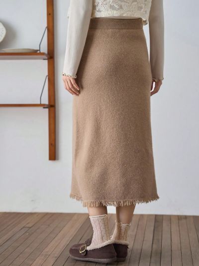 FRIFUL Women's Fringed Hem Sweater Skirt