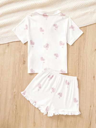 SHEIN Tween Girls' Knitted Heart Patterned Open Neck Loose-Fit Shirt And Knitted Loose Shorts Homewear Set