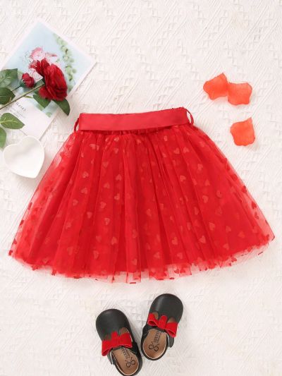 SHEIN Kids Nujoom Young Girl Gorgeous Romantic Elastic Waist Mesh Skirt With Heart Detail And Belt For Summer