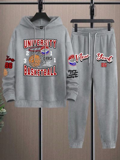 Men's Basketball-print Drawstring Hoodie And Joggers Two-piece Set