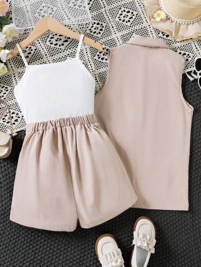 SHEIN Tween Girl Solid Cami Top & Plicated Detail Shorts & Lapel Neck Vest Blazer
