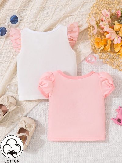 Baby Girls' Rainbow Horse Pattern Mesh Sleeve Top With 3d Mane Set, Spring/Summer