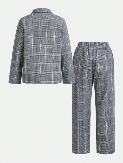 SHEIN Kids FANZEY Tween Boys' Slim Fit Elegant Plaid Notched Lapel Suit Jacket & Pants Two Piece Set